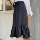 High-waist Single-breasted Button Asymmetric Ruffle Midi Skirt