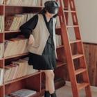 Set: Tie-neck Puff-sleeve A-line Dress + Button-up Vest