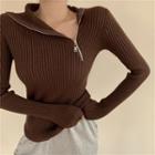 Mock-neck Striped Zip Knit Top