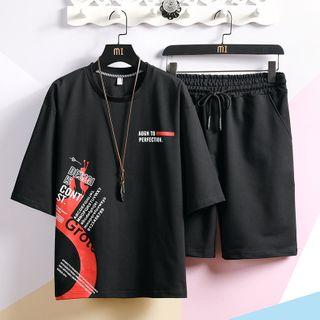 Set: Short-sleeve Letter Print T-shirt + Drawstring Shorts