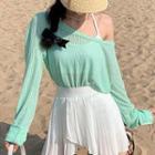 Long-sleeve Off-shoulder Sheer Top