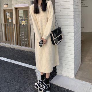 Long-sleeve High-neck Half-zip Knit Dress