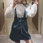 Contrast Trim Puff-sleeve Blouse / Denim Suspender Skirt / Set