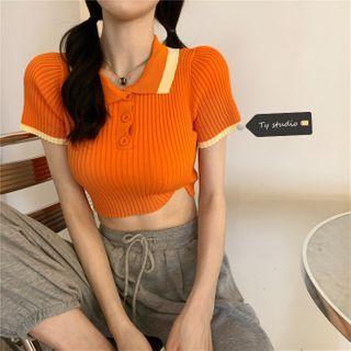 Short-sleeve Two Tone Cropped Knit Polo Shirt
