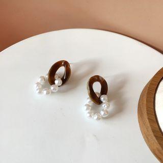 Resin Faux Pearl Dangle Earring 1 Pair - S925 Silver - Brown & Pearl White - One Size