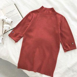 Plain Mock-neck Slim-fit Elbow-sleeve Knit Top