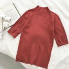 Plain Mock-neck Slim-fit Elbow-sleeve Knit Top