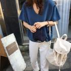 Short-sleeve V-neck Cardigan Blue - One Size