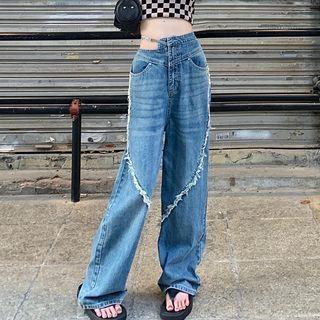 High Waist Distressed Cutout Wide Leg Jeans