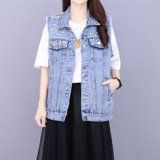 Faux Pearl Oversized Denim Vest