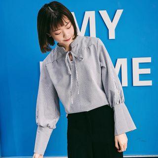 Long-sleeve Tie-neck Pinstripe Blouse