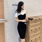 Two-tone Short-sleeve Mini Knit Sheath Dress