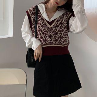 Long-sleeve Sailor Collar Blouse + Knit Vest