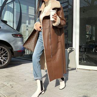 Faux-fur Lined Long Pleather Coat