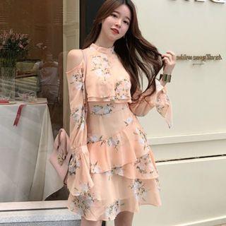 Cold-shoulder Floral Print Layered A-line Dress