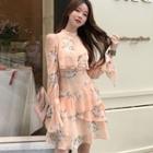Cold-shoulder Floral Print Layered A-line Dress