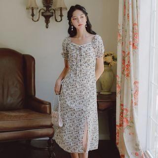 Square Neck Floral Print Short-sleeve Dress