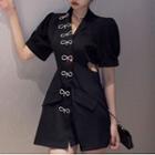 Rhinestone Cut-out Short-sleeve Mini A-line Dress