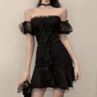 Short-sleeve Mesh Paneled Ruffled Mini Dress Black - One Size