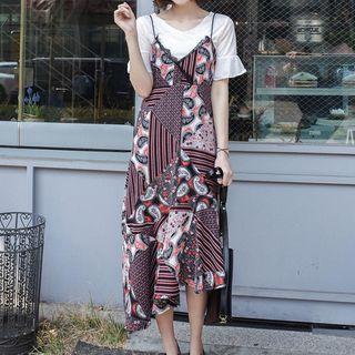 Set: Plain Short Sleeve T-shirt + Patterned Spaghetti Strap Midi Dress