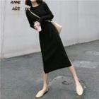 Slit-hem Ribbed Long-sleeve Dress With Sash