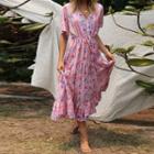 Floral Drawstring Short-sleeve Maxi A-line Dress