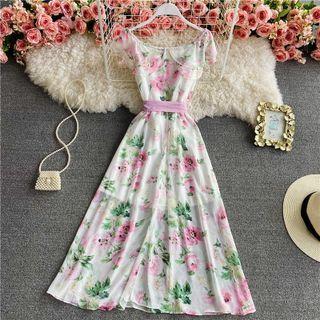 Ruffle Floral Print Maxi Dress With Sash