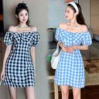 Gingham Off-shoulder Puff-sleeve Mini A-line Dress