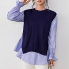 Mock Two-piece Knit Panel Blouse Blue - One Size