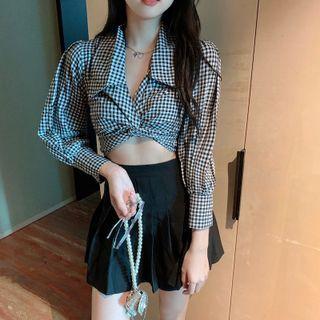 Long-sleeve Gingham Check Crop Blouse / High Waist Mini A-line Skirt