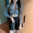 Long-sleeve Gingham Check Crop Blouse / High Waist Mini A-line Skirt