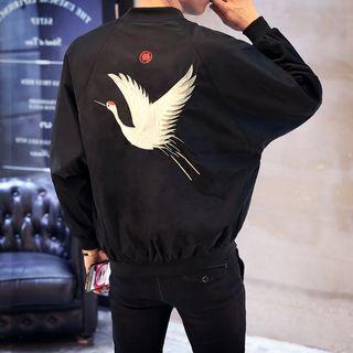 Crane Embroidery Zip Bomber Jacket