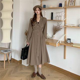 Long-sleeve Single Breasted Tie Waist Dress