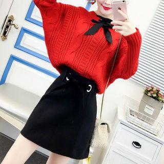 Set: Cable-knit Sweater + A-line Skirt