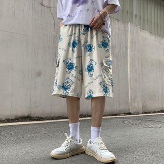 Cartoon Bear Print Straight Leg Shorts