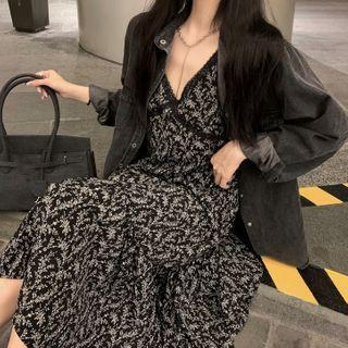Sleeveless Floral Midi A-line Dress / Denim Jacket