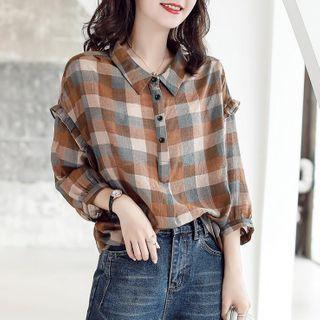 3/4-sleeve Half-button Plaid Blouse