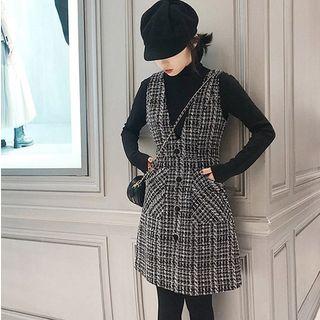 Set: Mock-turtleneck Knit Top + Tweed Buttoned Pinafore Dress