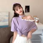 One-shoulder Ruffled Elbow-sleeve T-shirt Purple - One Size