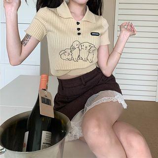 Short-sleeve Rabbit Embroidered Ribbed Polo Knit Top