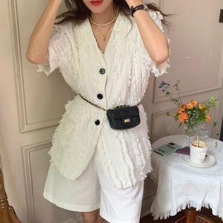 Elbow-sleeve Fringe Jacket White - One Size