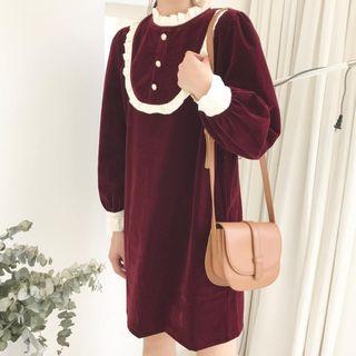 Long-sleeve Frill-trim Mini Velvet Dress