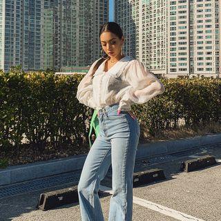 Frilled-collar Pintuck-front Sheer Blouse