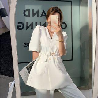 Set: Short-sleeve Double-breasted Blazer + Shirred Belt