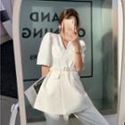 Set: Short-sleeve Double-breasted Blazer + Shirred Belt