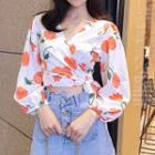 V-neck Crane Print Blouse As Shown In Figure - One Size