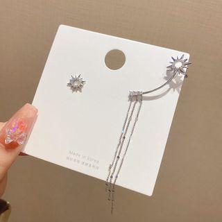 Star Rhinestone Chain Asymmetrical Sterling Silver Earring E4204 - 1 Pair - Silver - One Size