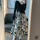 Long Sleeve V-neck Plain Top / Leopard Print A-line Skirt