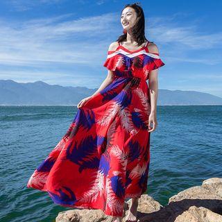 Printed Cold-shoulder Midi Sundress