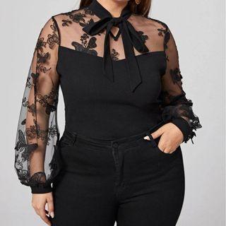 Butterfly Embroidered Mesh Panel Blouse